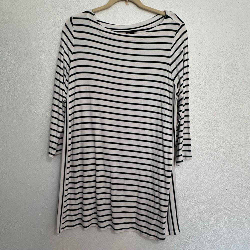 J Jill Wearever Collection Striped Tunic Dress Green Ivory 3/4 Sleeves